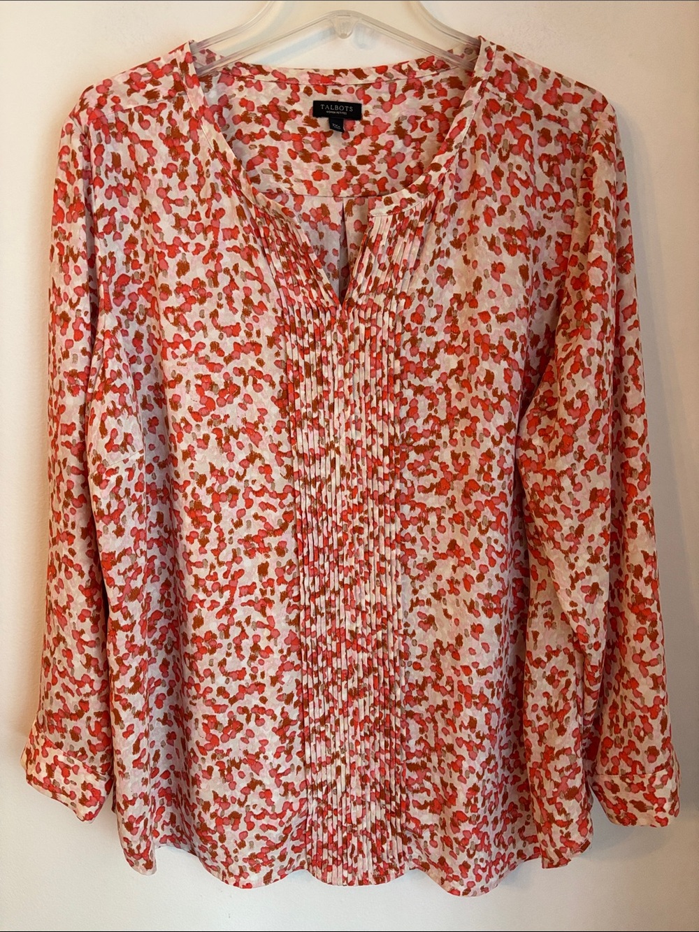 Talbots Coral Cream abstract print Pintuck Front Blouse Women's 2XL P work EUC